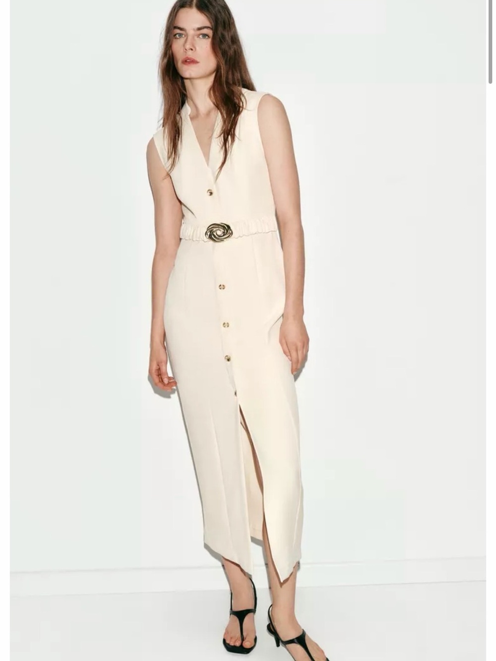 Zara Cream Sleeveless Button-Front Midi Dress with Decorative Belt